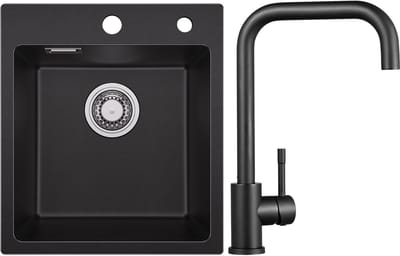 SOFETIY MAX Spoelbak Keuken Zwart 40x45CM - Graniet Spoelbakken Zwart - Enkele Spoelbak Met Keukenkraan - Spoelbakken Incl. Sifon en Afvoerzeefje