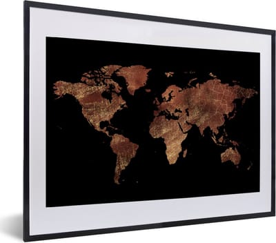 Poster in lijst - Fotolijst 60x40 cm - Posters - Wereldkaart - Rood - Goud - Posterlijst zwart - Decoratie - Wanddecoratie woonkamer - Muurdecoratie slaapkamer
