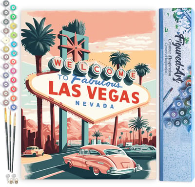 Figured'Art Schilderen op Nummer Volwassenen canvas Reisposter Las Vegas- Handwerk acrylverf Kit DIY Compleet - 40x50cm zonder frame
