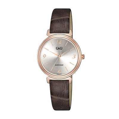 Q&Q Q27B-011PY - Horloge - Vrouwen - Dames - Leren band - Rond - Metaal - Streepjes - Bruin - Rosékleurig - - Zilverkleurig