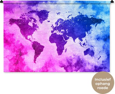 Wandkleed WereldkaartenKerst illustraties - Wereldkaart met blauw en roze verf en een achtergrond met structuurpatroon Wandkleed katoen 120x80 cm - Wandtapijt met foto