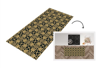 Keukenloper - Loper keuken - Bloemen - Zwart - Goud - Patronen - 120x50 cm - Keukenloper vinyl