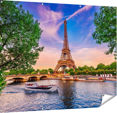 Gards Tuinposter Eiffeltoren in Parijs aan het Water - Kleur - 150x120 cm - Tuindoek - Tuindecoratie - Wanddecoratie buiten - Tuinschilderij