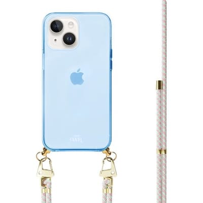 xoxo Wildhearts silicone case met koord - Blauw telefoonhoesje met koord - telefoonketting - Aqua Pink - Cord Case - geschikt voor Apple iPhone 13 - Lichtblauw / Roze gestreept koord