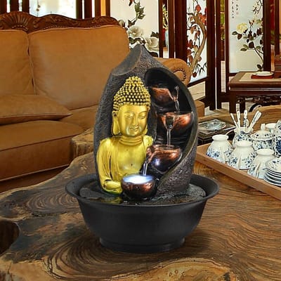 Statue de Bouddha Faite à la Main Fontaines Décoratives Intérieur Eau Résine Artisanat Cadeaux Feng Shui Bureau Maison Fontaine 110V 220V W2905WW-220V