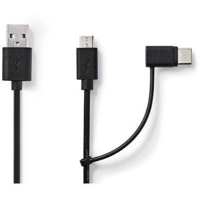 Nedis 2-in-1-Kabel - USB 2.0 - USB-A Male - USB Micro-B Male / USB-C Male - 480 Mbps - 1.00 m - Vernikkeld - Rond - PVC - Zwart - Blister