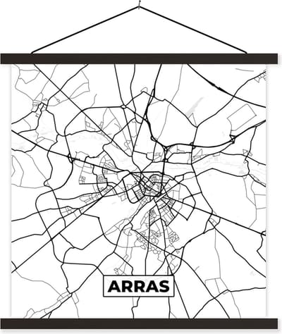 Posterhanger incl. Poster 60x60 cm - Schoolplaat - Stadskaart - Plattegrond - Kaart - Arras - Frankrijk - Zwart wit - Textielposter - Zwarte latten - Stadskaart