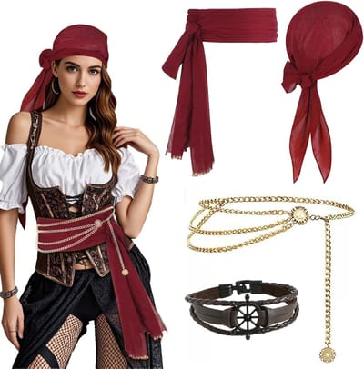 Piratenkostuum Accessoires Set met Bandana, Sjaal, Armband en Tailleketting voor Halloween en Cosplay Feesten