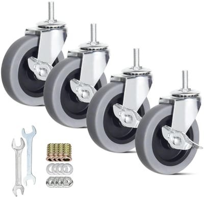 Set van 4 Zware Zwenkwielen met Schroefdraad en Remmen - 100mm