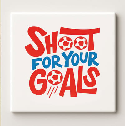 Motiverende Voetbal Tegel “Shoot for Your Goals” 15x15 cm – Inspirerende Keramische Wanddecoratie Cadeau voor Voetbalfans en Sportliefhebbers
