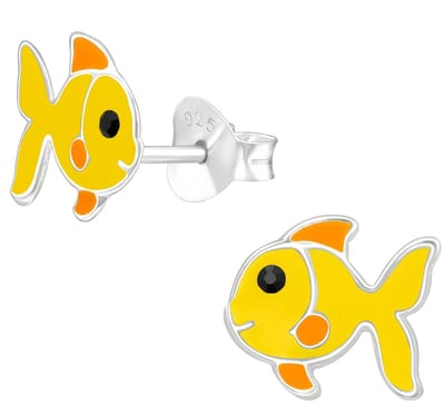 Joy|S - Zilveren vis oorbellen - 9 x 8 mm - geel oranje - kinderoorbellen