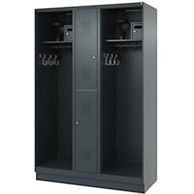 Brandweerkluis C+P Evolo Maxi, 4 vakken voor 2 personen, met helmhouder, met sokkel, B 1300 x D 500 x H 1950 mm, RAL 7016 antracietgrijs