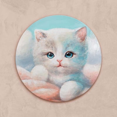 Rond canvas schilderij ⌀60 cm handgeschilderd pluizebold zacht charmant – YS-Art Gallery – Schattige wanddecoratie voor kinderkamer en woonkamer