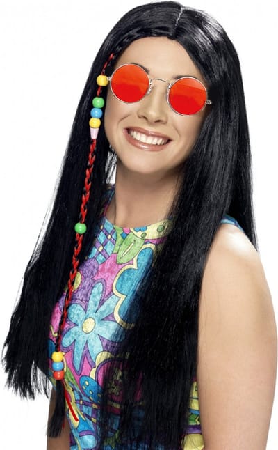 Dames Flower Power Hippie Sixties verkleed set zwarte pruik en ronde oranje bril