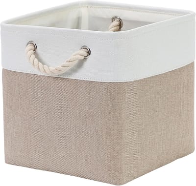 Stijlvolle Opbergmand van Canvas, Vierkante Opbergdoos voor Kasten, Planken en Kleding, Khaki/Cream, 28 x 28 x 28 cm, Ideaal voor Organisatie en Ruimtebesparing