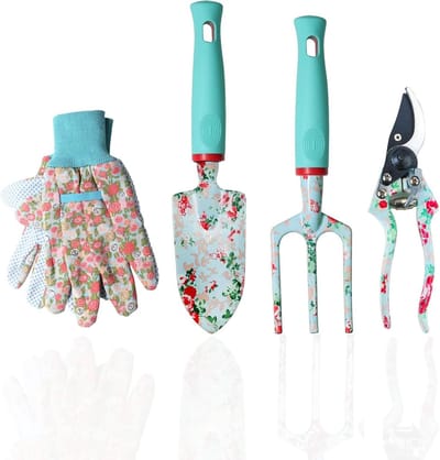 4-delige tuingereedschapset - bloemenprint snoeischaar troffel cultivator - cadeaus voor vrouwen tuinieren Moederdag verjaardag