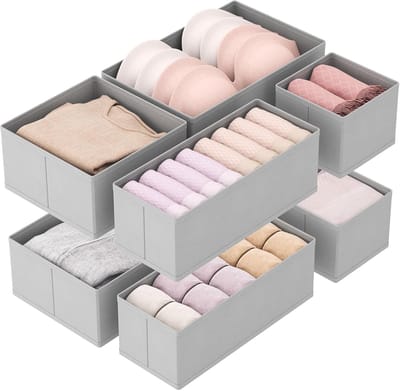 Famanu – Kledingkast opbergsysteem, set van 8, opvouwbare stoffen lade-organizers voor sokken, riemen en accessoires, grijs