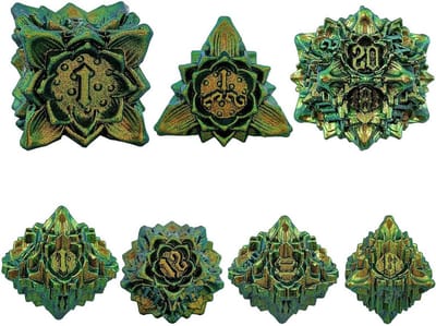 7-delige Set Metalen D&D Dobbelstenen met Uniek Bladvormig Ontwerp voor Rollenspellen
