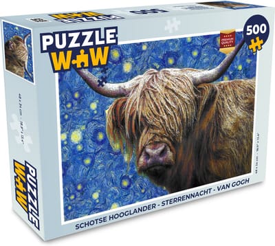 Puzzel Schotse hooglander - Sterrennacht - Van Gogh - Legpuzzel - Puzzel 500 stukjes