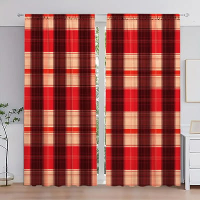 2 stuks Rood en Zwart Ruiten Gedrukt Gordijn voor Kerst Huisdecoratie - Tunnel voor Roede Raambekleding voor Slaapkamer, Kantoor, Keuken 52.5cmX116cm X 2pcs red