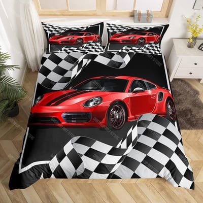Ensemble de Literie Voiture de Sport Garçon Simple, Housse de Couette Voiture de Course pour Décoration de Chambre d'Enfants Adolescents, Ensemble de Lit Voitures de Course EU Single 90x200cm