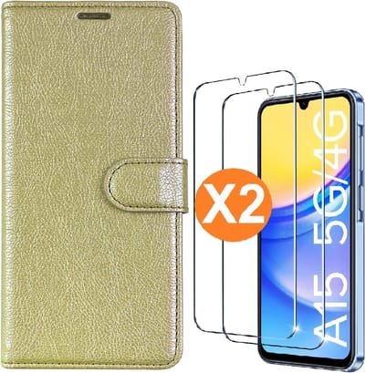 Hoesje geschikt voor Samsung Galaxy A15 5G / 4G hoesje bookcase Goud - Met screenprotector tempered glass Galaxy A15 - 2x