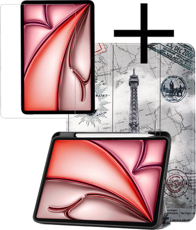 Hoes - Geschikt voor Apple iPad Air (2024/2025/2026) - 11 inch - Met Screenprotector - Trifold Bookcase - Hard Cover Case - Met Uitsparing Geschikt voor Apple Pencil - Hardcover Book - Tablet Hoesje - Eiffeltoren