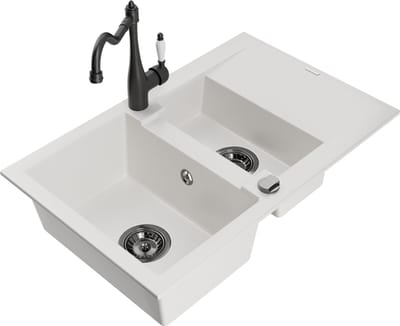 Mexen Gaspar granieten spoelbak 1,5-kamers met afdruiprek en keukenkraan Carla, wit - 6507-20-670700-70