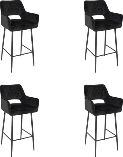 Bronx71® Velvet barkruk Mika zwart 78 cm - Barkrukken set van 4 - barstoel