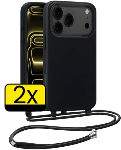 Hoesje Geschikt voor iPhone 17 Pro Hoesje Met Koord Siliconen Case - Hoes Geschikt voor iPhone 17 Pro Backcover Met Afneembaar Koord - Zwart - 2 Stuks