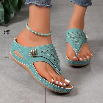 Zomer Dames Wedge Sandalen Clip Teen Orthopedische Voetboogondersteuning Sandalen Vrouw Pu Leer Antislip Zachte Platform Slippers 39 groen