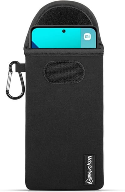 MobyDefend Hoesje - Geschikt voor Xiaomi Redmi Note 13 4G - Neopreen Pouch Met Karabijnhaak - Insteek - Riemlus - Zwart