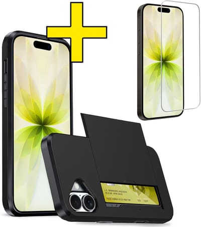 Hoesje Geschikt voor iPhone 17 Hoesje Case Pashouder Hard Cover Met Screenprotector - Hoes Geschikt voor iPhone 17 Hoesje Met Kaarthouder - Zwart
