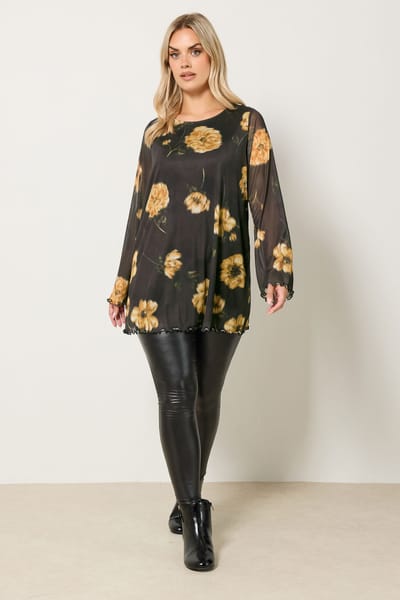 Yours Bruine Bloemen Mesh Swing Top Size 42