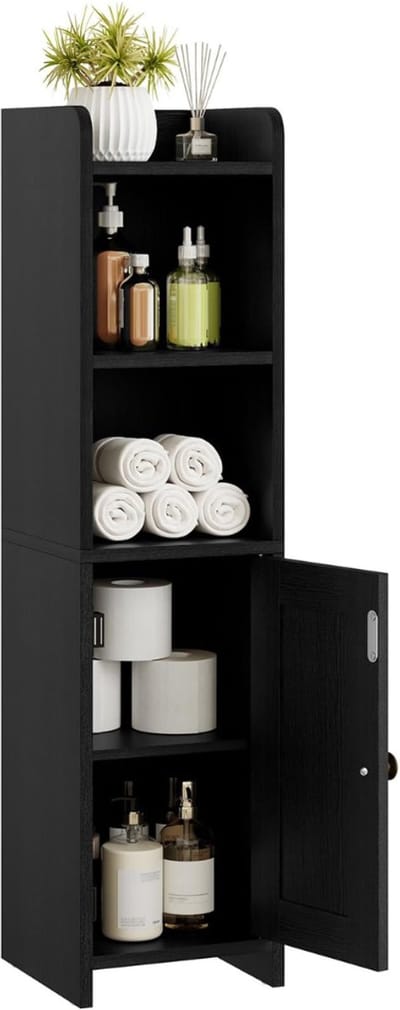 Verte Toiletkastje - Hoekkastje voor de Badkamer – Vloerkast met Verstelbare Planken – Vrijstaande Smalle Opbergkastjes voor Toiletpapier in de Badkamer - Ideaal voor Kleine Ruimtes – Zwart