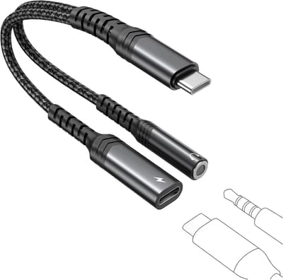 2-in-1 Type C naar 3.5mm Headphone AUX Adapter met PD 60W Snelladen, Geschikt voor iPhone, Samsung en iPad