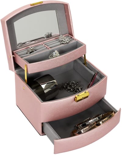 Home Deco Factory Sieradendoos - 3 lagen - kunststof - roze - 18 x 15 cm