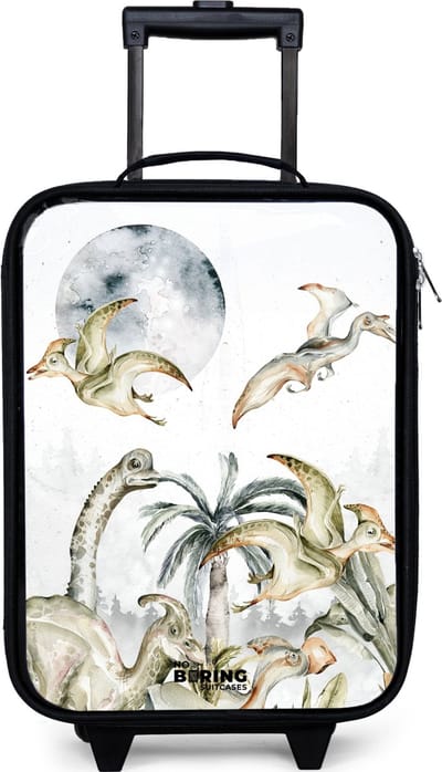 NoBoringSuitcases.com® - Kinderkoffer jongen - Kindertrolley meisje - Dino's in de jungle - Koffer kind lichtgewicht - Reiskoffer trolley voor kinderen - Koffertje met lichtgevende wieltjes - Rolkoffer zwart
