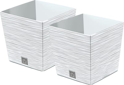 Prosperplast Plantenpot/bloempot Furu Stripes - 2x - voor buiten - kunststof - wit - vierkant - D29.5 x H29 cm