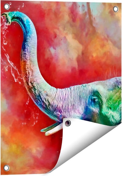Gards Tuinposter Getekende Vrolijke Olifant - Abstract - 40x50 cm - Tuindoek - Tuindecoratie - Wanddecoratie buiten - Tuinschilderij