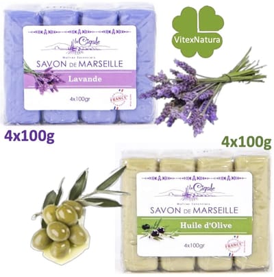Marseille zeep Glycerine Olijf olie zeep 4x100g, glycerine lavendel zeep 4x100g