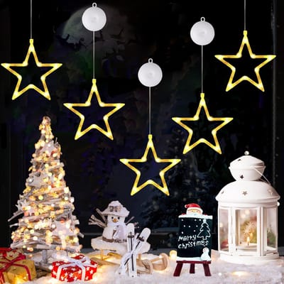 Led-sterren, kerstdecoratie, raamverlichting, lichtgordijn, warmwit, werkt op batterijen, met zuignappen, timer, raamlichtketting voor binnen, voor kerstdecoratie