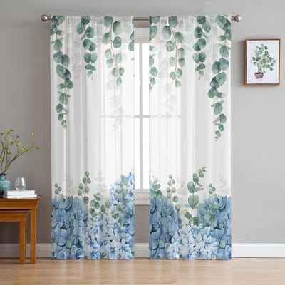 Eucalyptus Bladeren Hortensia Bloem Plant Tule Raamgordijn Transparante Valletjes Gordijnen Voor Woonkamer Huisdecoratie Drapage Paneel 135W x 114H(cm) white