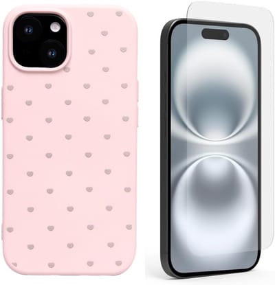 Hoesje en Glas Geschikt voor iPhone 15 - Roze - Casemania Stevige Siliconen Back Cover met Hartjes Print - 1x Glazen Screenprotector