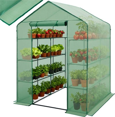 tectake® Broeikas met Folie - Foliekas - Hobbykas - 2m² - 143 x 143 x 195 cm - Kweekkas voor Tomaten en Planten - Tuinkas met 16 Planken - Beschermt Tegen Kou, Regen en Zon - Groen