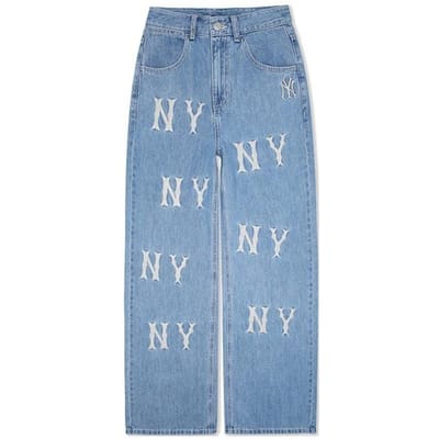 MLB New York Yankees SS24 Geborduurd Groot Logo Casual Losse Pasvorm Wijde Pijpen Jeans Dames jeans Lichtblauw 3FDPB0241-50BLL XS gray