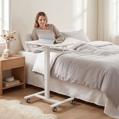 HAUSS SPOLE Zit Sta Bureau - In Hoogte Verstelbaar Met Toetsenbordplank En Wielen - Voor Thuiswerkplek - Hout - 65x60x71-107 Cm - Wit