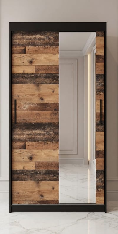 Old Style Luxe Schuifdeurkast 100 cm met Spiegel – Mat Zwart Industrieel Design – 2 Schuifdeuren – 200 cm Hoog – Moderne Kledingkast voor Slaapkamer & Woonkamer – House&Garden