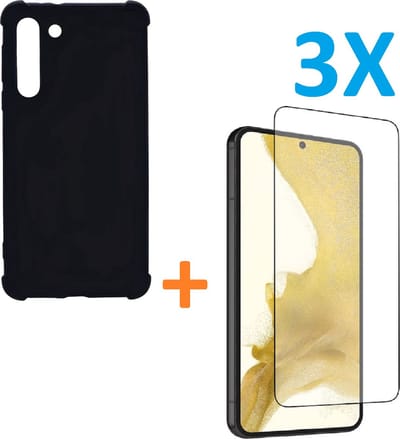 Anti-Shock silicone hoesje zwart met 3 Pack Tempered glas Screen Protector Geschikt voor: Samsung Galaxy S23 Plus
