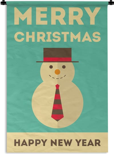 Wandkleed Kerst illustratie 3 - Kerst illustratie van een sneeuwpop met de quote Merry Christmas Happy New Year Wandkleed katoen 120x180 cm - Wandtapijt met foto XXL / Groot formaat!